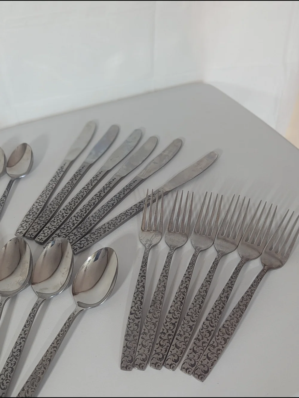 Vintage Corsican Stainless Steel Japan Flatware Set 36 Pc Floral Scroll MCM